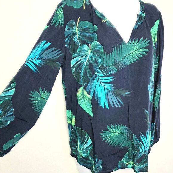 Old Navy Black Green Tropical Print Blouse M - Picture 2 of 7